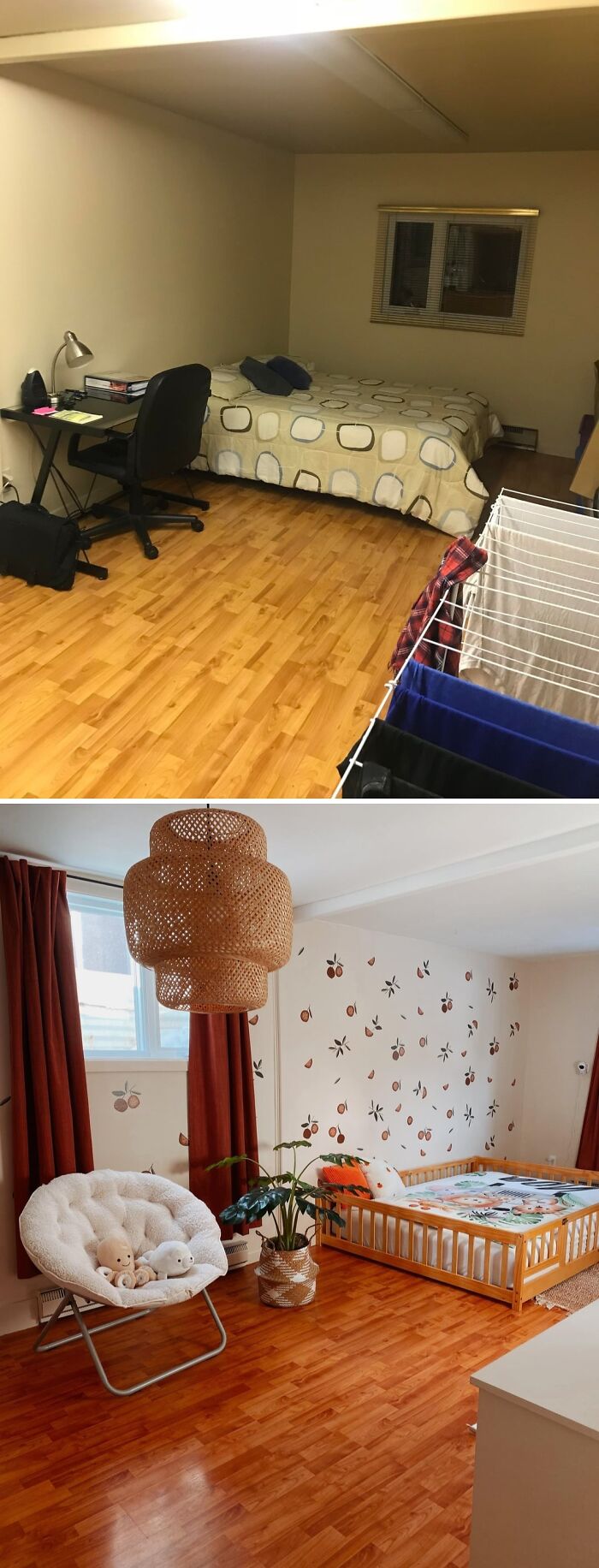 Before and after images of beautifully decorated homes featuring cozy bedrooms and stylish living spaces with vibrant decor.