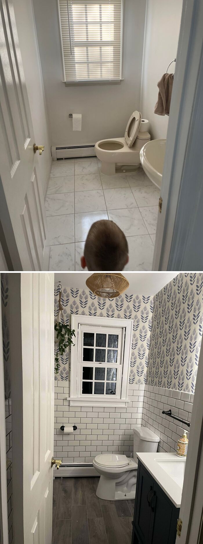 Before and after images of a beautifully decorated home bathroom renovation with updated tiles and wallpaper.