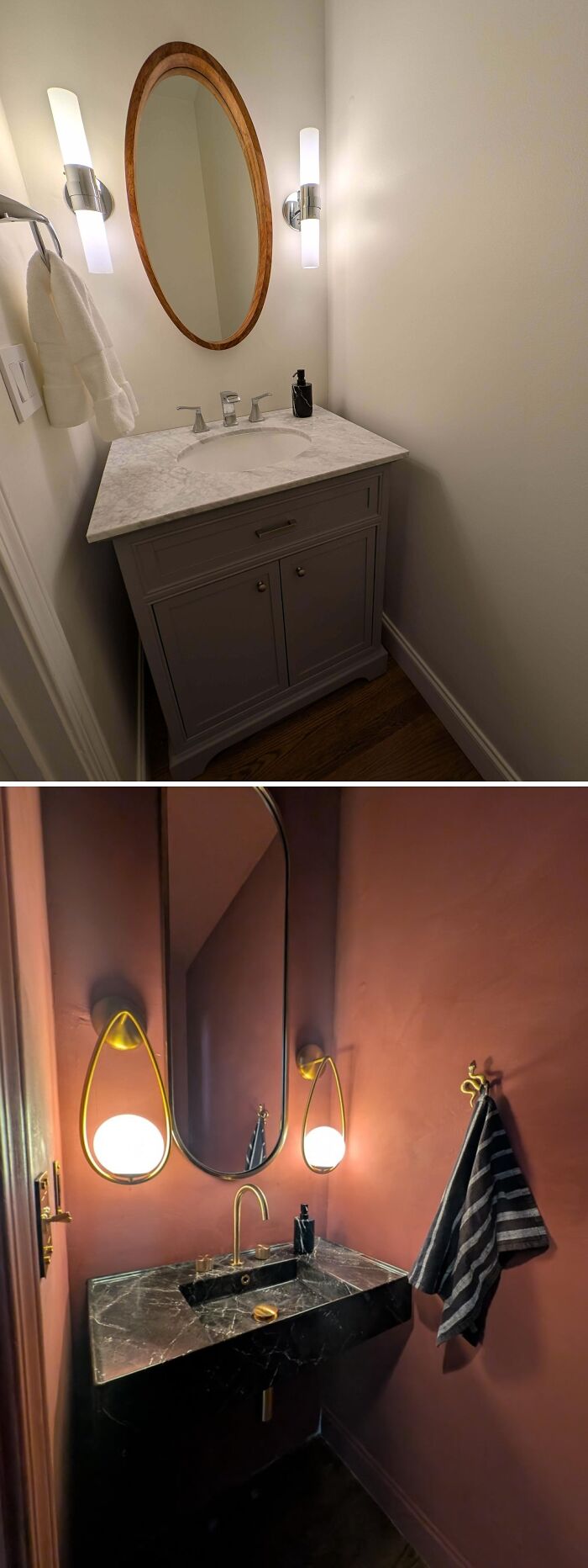 Two beautifully decorated homes showcasing modern bathroom vanities and stylish lighting inspiring living space decor ideas.