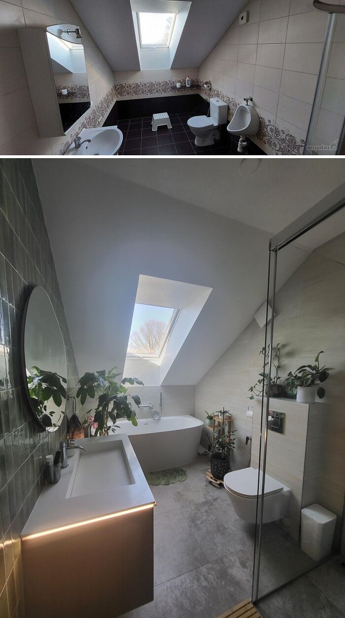Two beautifully decorated bathrooms with skylights showcasing stylish and inspiring home decor ideas.