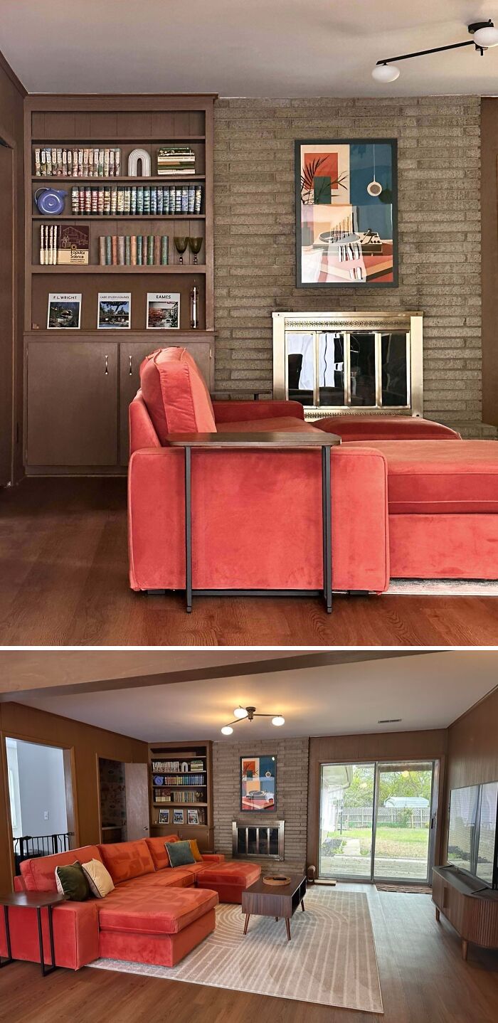 Living room with beautifully decorated homes featuring a coral sectional sofa and modern fireplace inspiring living space ideas