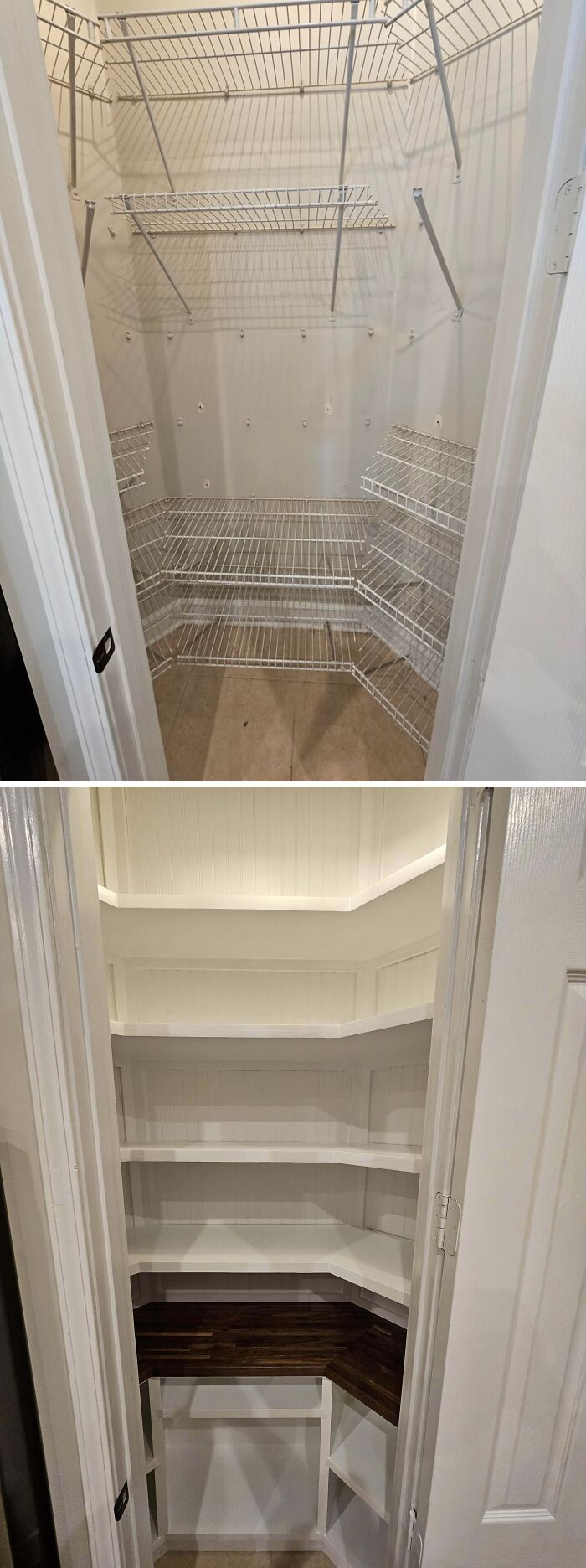 Before and after images of a beautifully decorated home pantry with upgraded shelving and wood countertops.