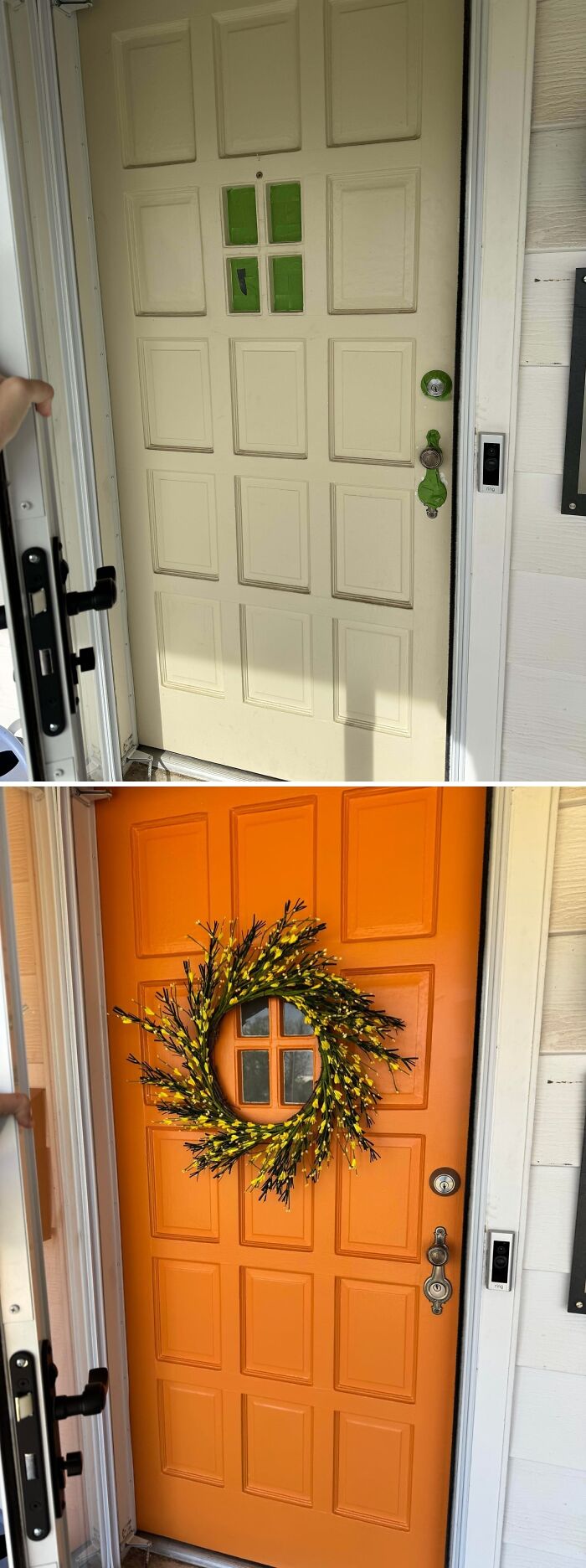 Before and after front door makeover with vibrant orange paint and decorative wreath in a beautifully decorated home living space.