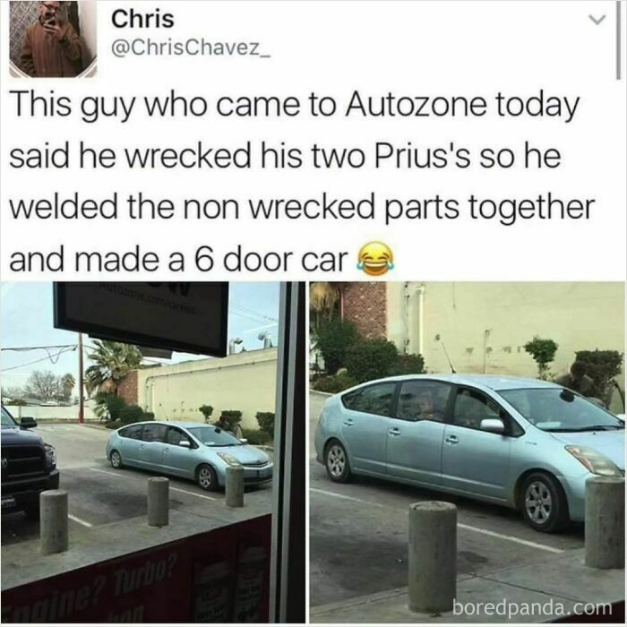 Car modification fail showing a poorly welded six-door Prius, an example of stupidity on wheels attempts.