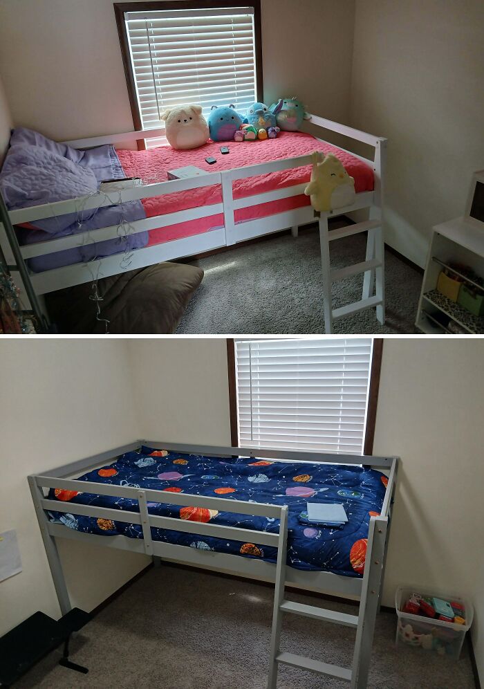 Two children's loft beds in separate rooms, one with plush toys and the other with a space-themed blanket, showing wholesome internet moments.