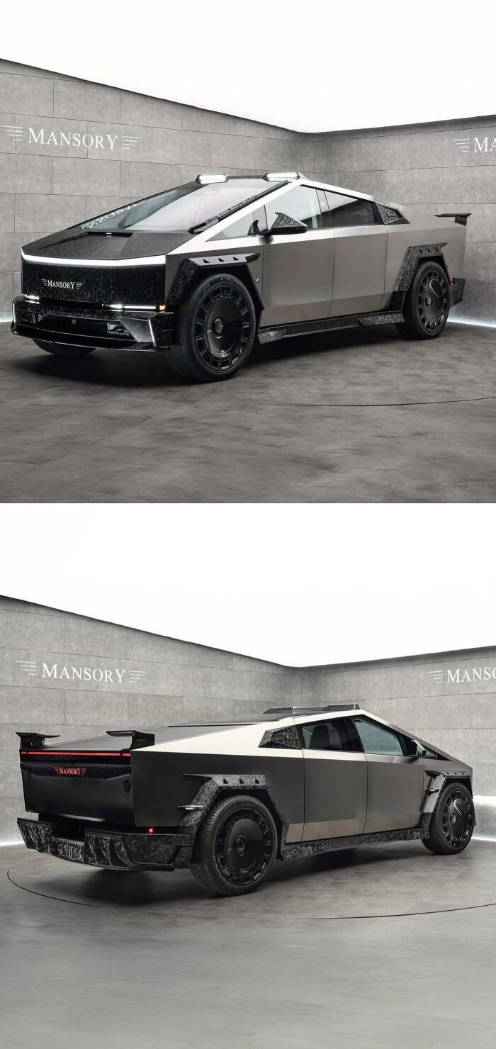 Modified Tesla Cybertruck with custom Mansory design in a showroom, showcasing an attempt to make the car cooler.