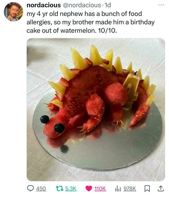 Creative watermelon birthday cake made for a child with food allergies, showcasing wholesome internet moments and kindness online.