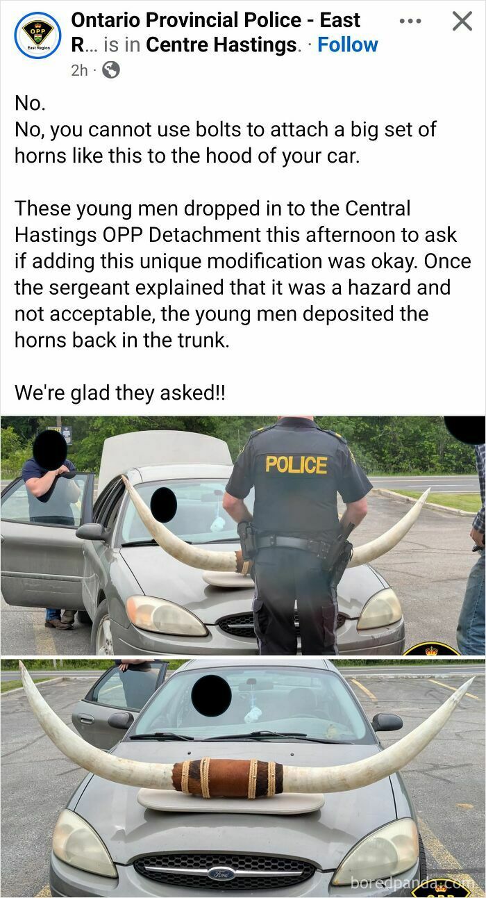 Car modification fail with large horns attached to the hood, flagged as a safety hazard by police officers.