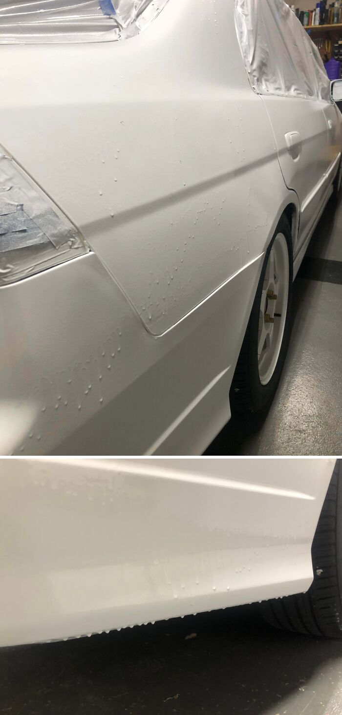 Car paint job with bubbles and imperfections, an example of failed attempts to make cars cooler with stupidity on wheels.