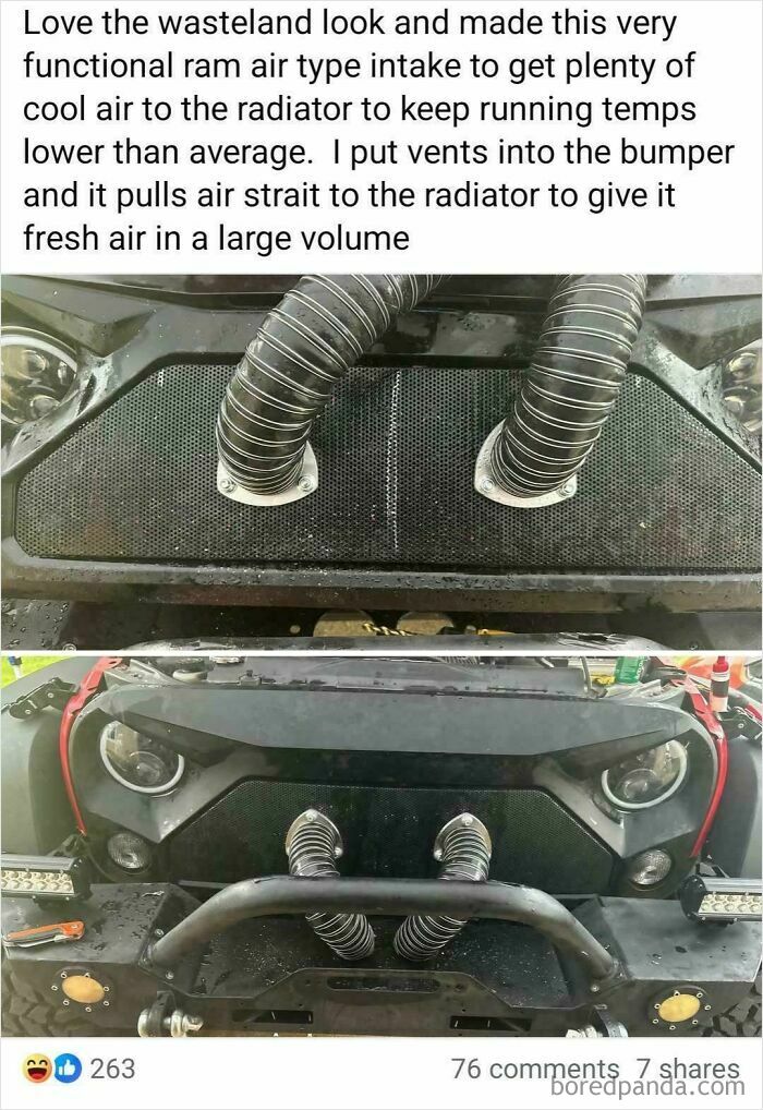 Car with custom ram air intake hoses attached to the radiator, an unusual attempt to make a cooler car mod.