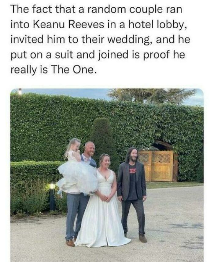 Couple invites Keanu Reeves to wedding who joins them in suit, a wholesome internet moment proving kindness online still exists.