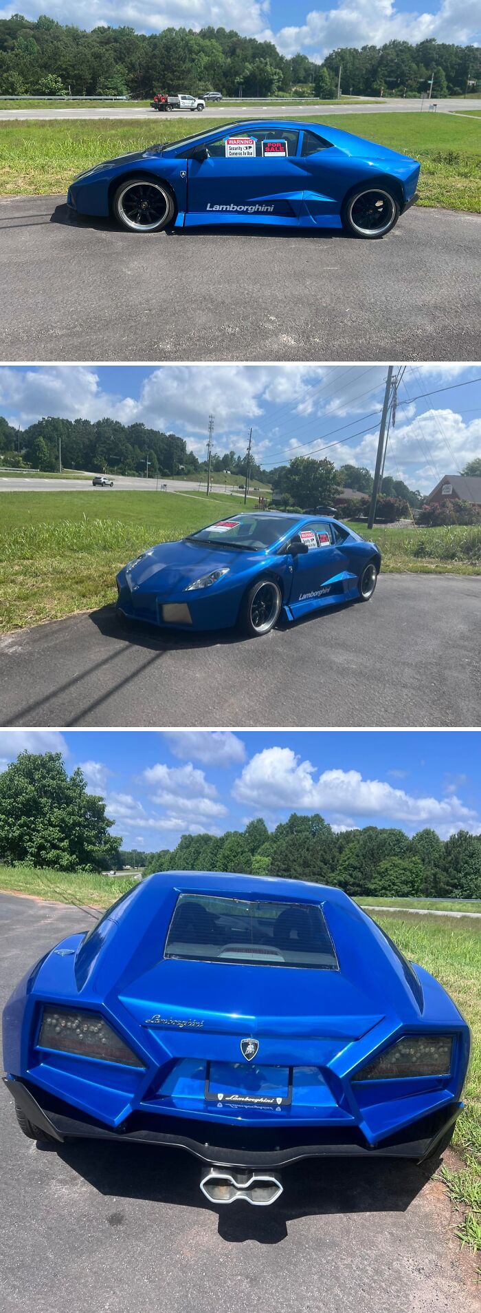 Blue car with fake Lamborghini decals and custom body panels, an attempt to make a cooler car but resulting in stupidity on wheels.