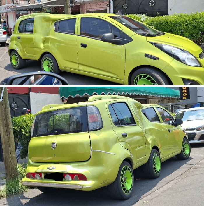 Two photos showing a lime green car with multiple body modifications resulting in a bizarre and impractical design.