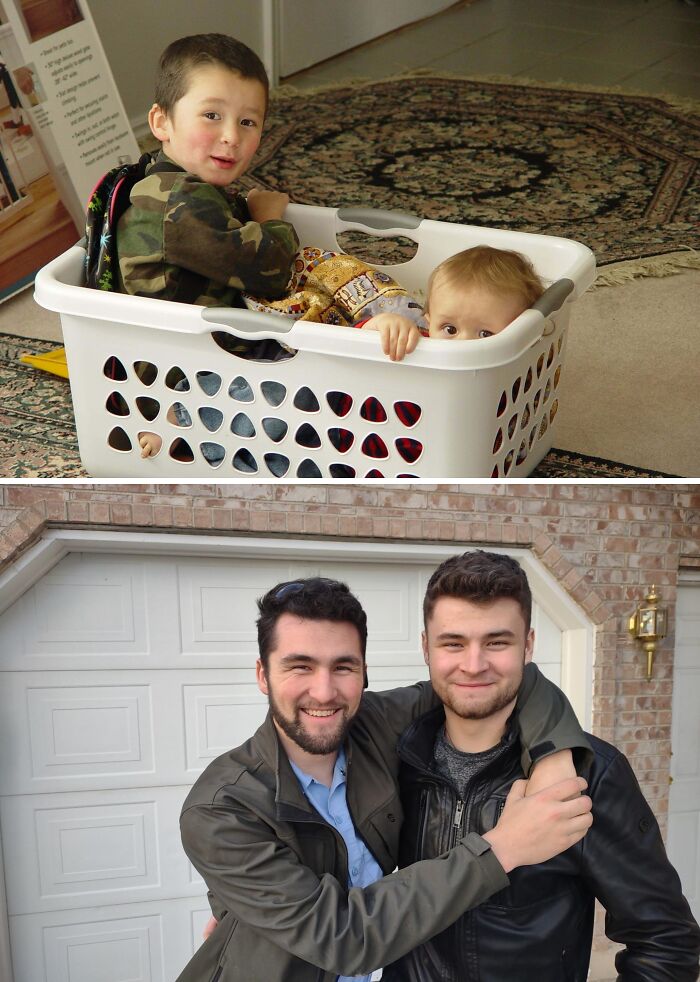 Two wholesome internet moments showing children playing in a laundry basket and two friends hugging outside a home.