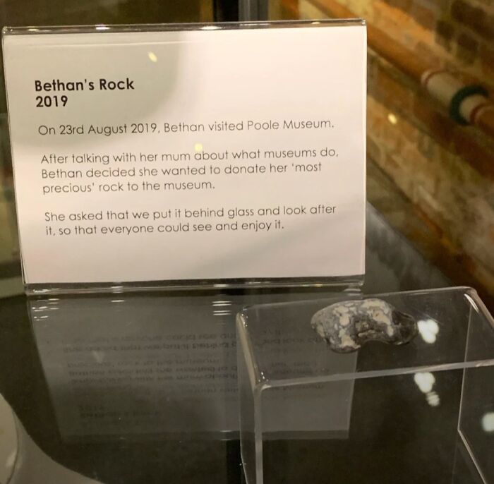 Child's donated rock displayed in a museum glass case, showing a wholesome internet moment of kindness and sharing.