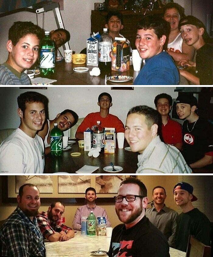 Group of friends smiling at a table in three different stages of life, capturing wholesome internet moments over time.
