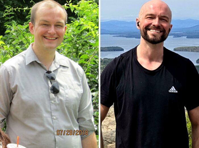Before and after photos of a man smiling outdoors, showcasing wholesome internet moments that inspire positivity online.