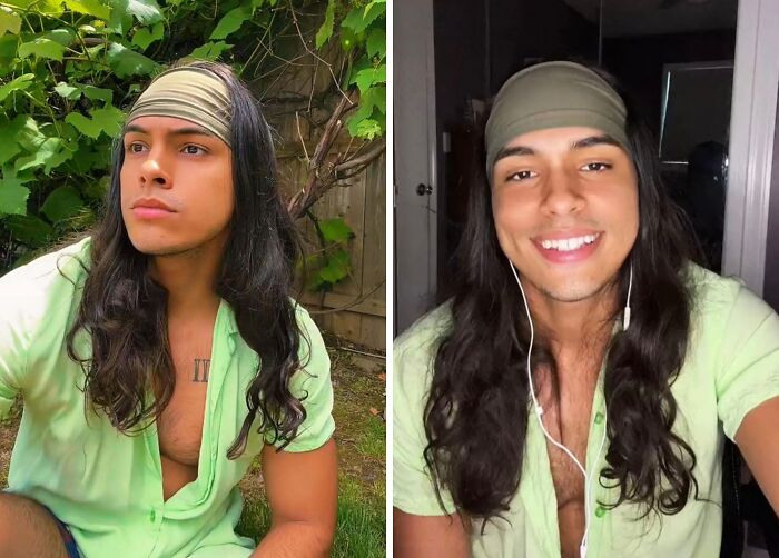 Young man with long beautiful hair wearing a green shirt and headband, showcasing fierceflow hairstyle outdoors and indoors.