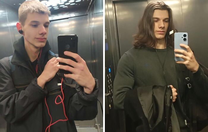 Two men taking elevator selfies showing fierceflow beautiful hair styles and casual outfits with smartphones.
