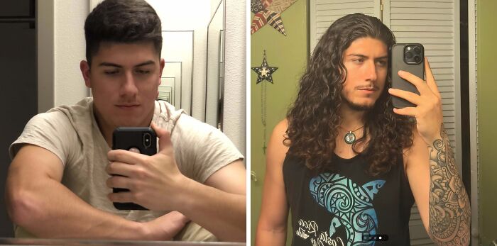 Side-by-side images of men showcasing fierceflow beautiful hair men with short and long curly hairstyles taking mirror selfies.