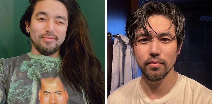 Man with fierceflow hairstyle and beautiful hair posing in indoor settings with different hair lengths and styles.