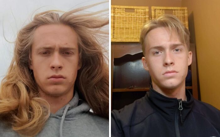 Young man showcasing fierceflow with beautiful hair in two styles, long and short, emphasizing healthy hair for men.
