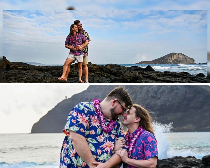 Couple with fierceflow beautiful hair men style embracing on rocky shore with ocean and mountain backdrop.