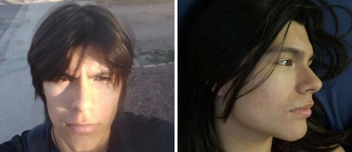 Two men with fierceflow beautiful hair showcasing natural dark, straight hairstyles in outdoor and indoor settings.