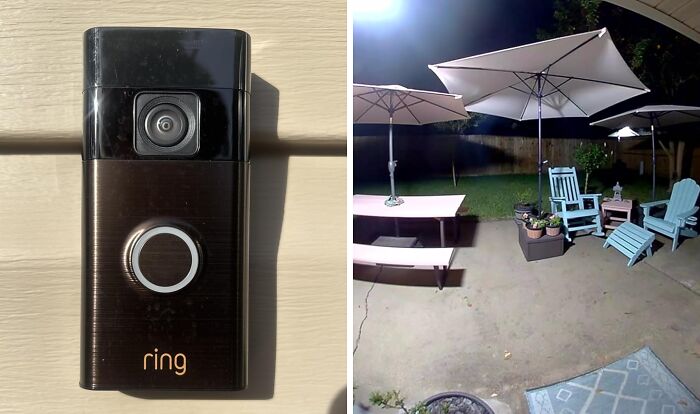 Ring video doorbell on house exterior and night view from security camera showing patio furniture and umbrellas outdoors.