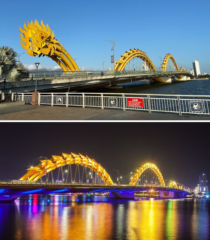 Golden dragon sculpture bridge in Da Nang, Vietnam, showcased as a spectacular sculpture and travel destination at day and night.