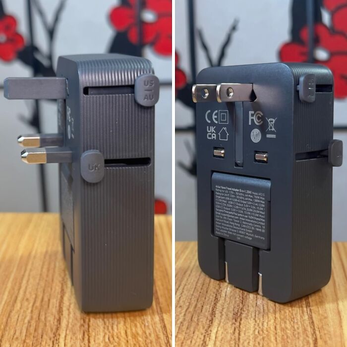 Compact universal travel adapter shown from side and back, featured in Alix Earle’s Amazon store Black Friday deals.