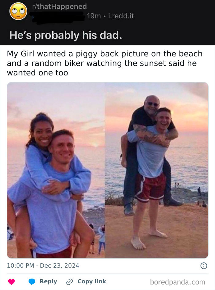 Two piggyback pictures at the beach sunset showing people challenging every story and skepticism in an online group.