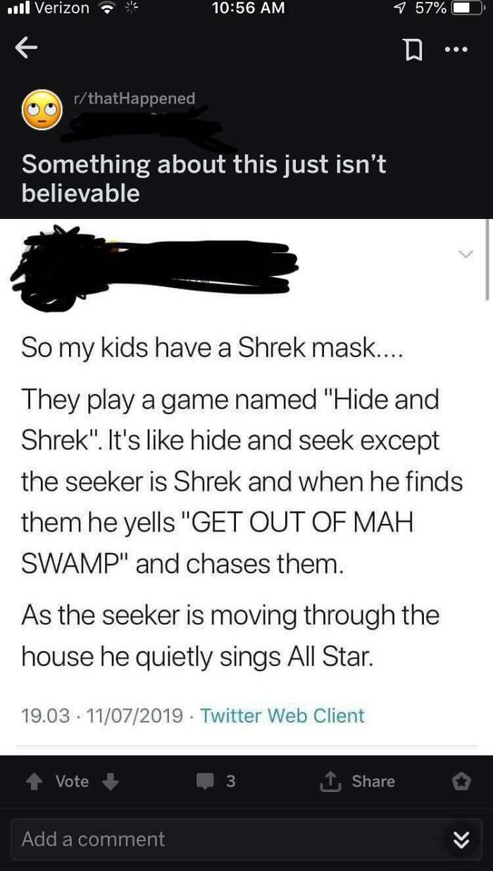 Screenshot of an online group callout post questioning the believability of a Shrek mask game story.