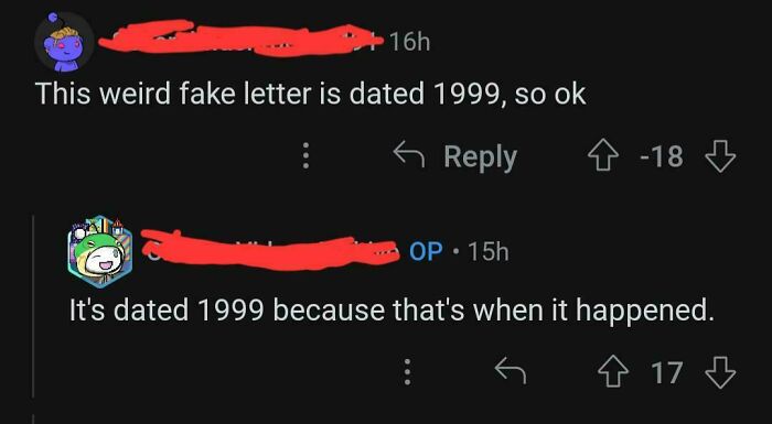 Online group call discussion with users questioning and doubting the authenticity of a dated letter from 1999.