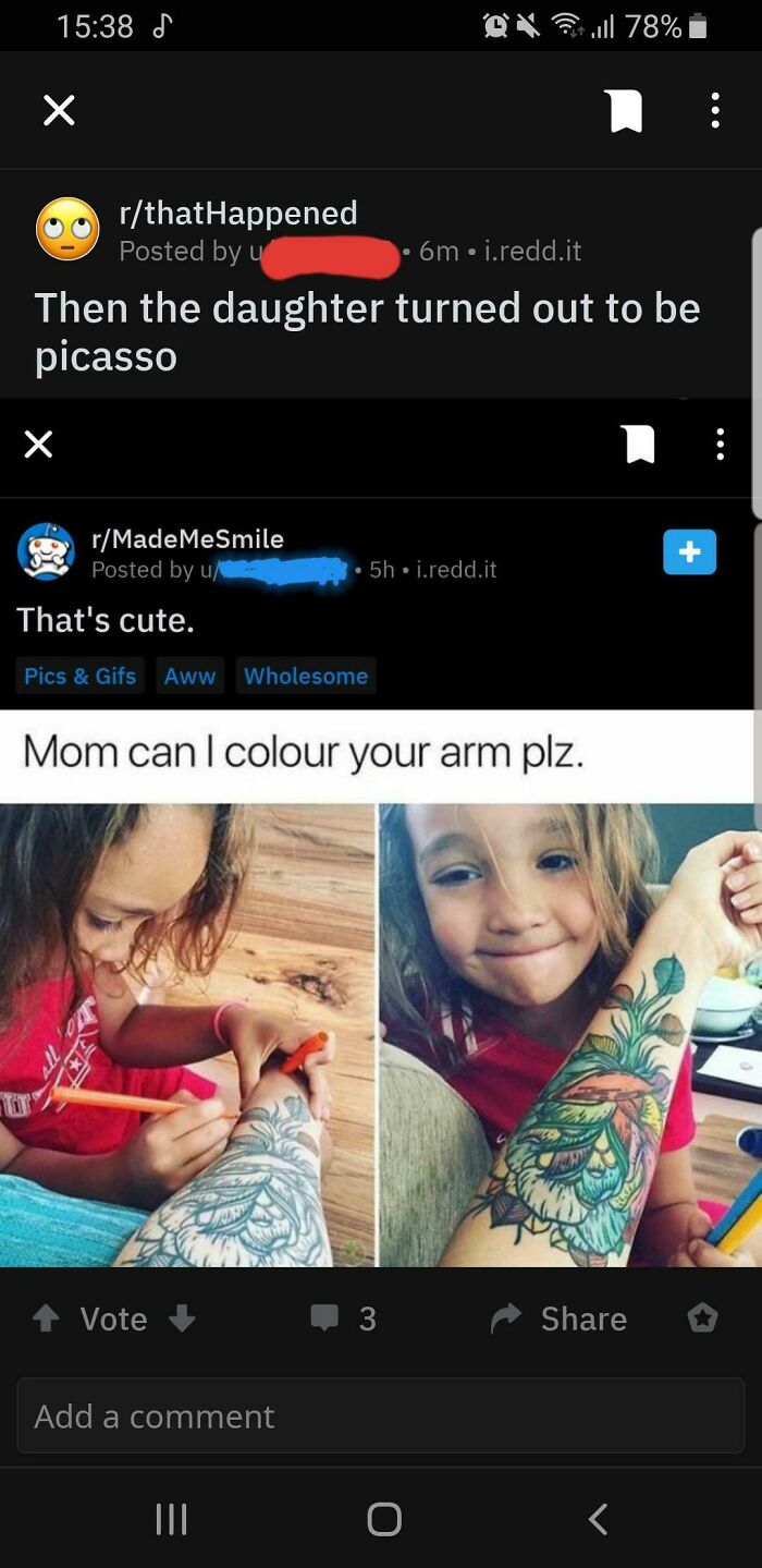 Screenshot of online group call out people who question every story with a child coloring a tattoo on her mother's arm.
