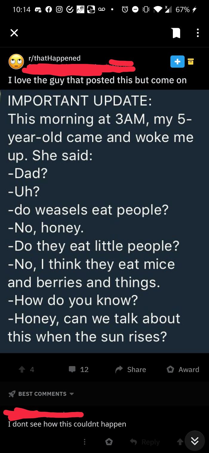 Screenshot of a Reddit post from r/thatHappened discussing questioning stories and disbelief in a humorous online group.