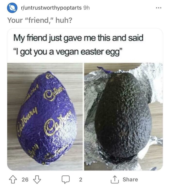 A viral post from an online group calling out people who question every story with a vegan Easter egg prank.