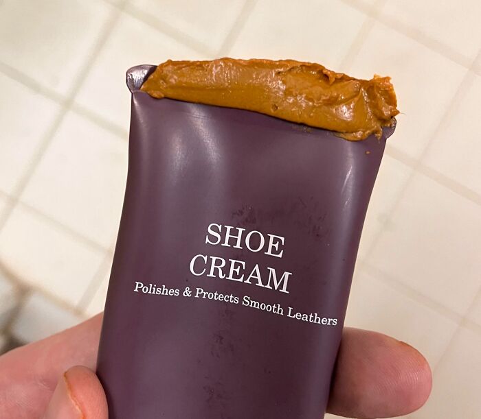 Tube of shoe cream with brown polish on the tip, illustrating a forbidden food that should be resisted for safety.