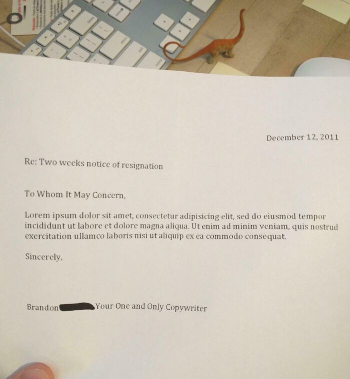 Resignation letter prank with fake Latin text and humorous sign-off from an employee walking out with jokes.