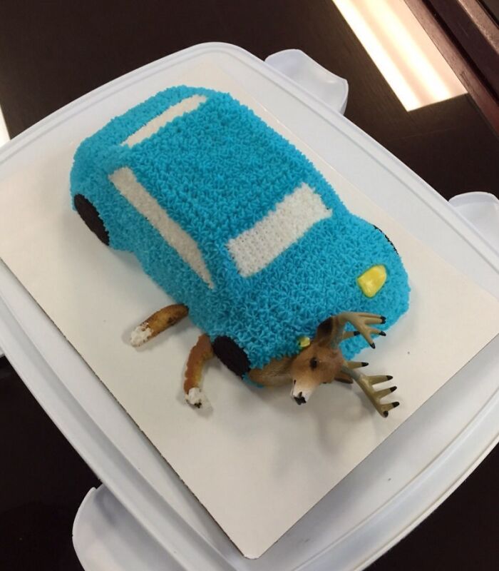 Blue car-shaped cake with a realistic deer toy trapped underneath, a prank by employees who walked out with jokes and zero regrets.