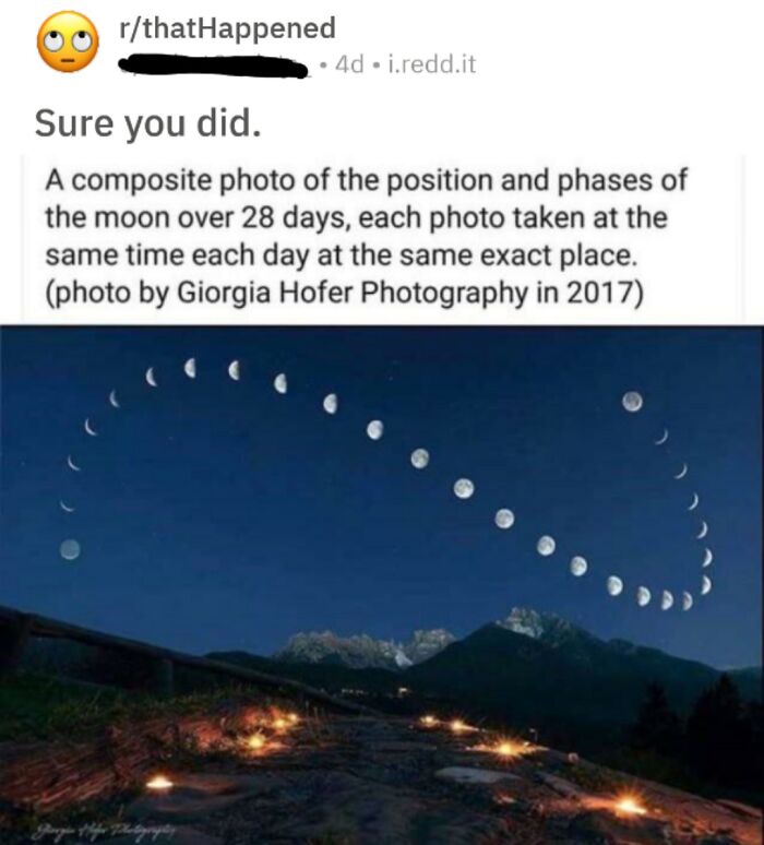 Composite photo showing moon phases over 28 days capturing position and phases in the same exact place each day
