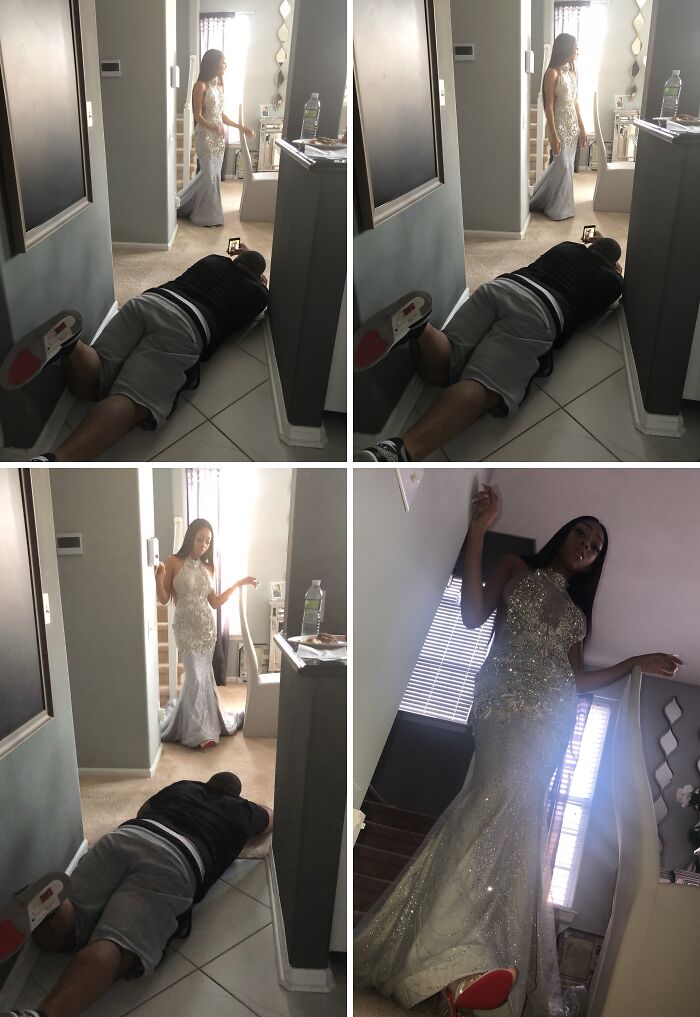 Sibling capturing photos of woman in sparkling dress at home, showcasing gratitude and special moments between siblings.
