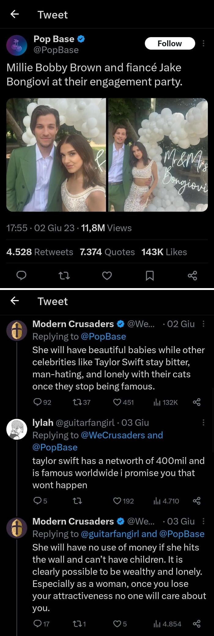 Screenshots of cringe-worthy takes on women from Twitter discussing fame, attractiveness, and relationships at an engagement party.