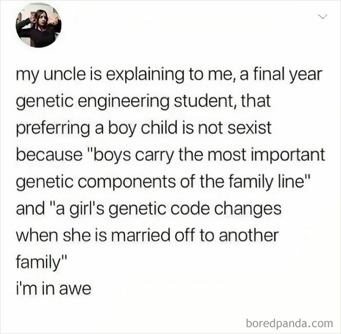 Text post about a final year genetic engineering student hearing a cringe-worthy take on women and genetics.