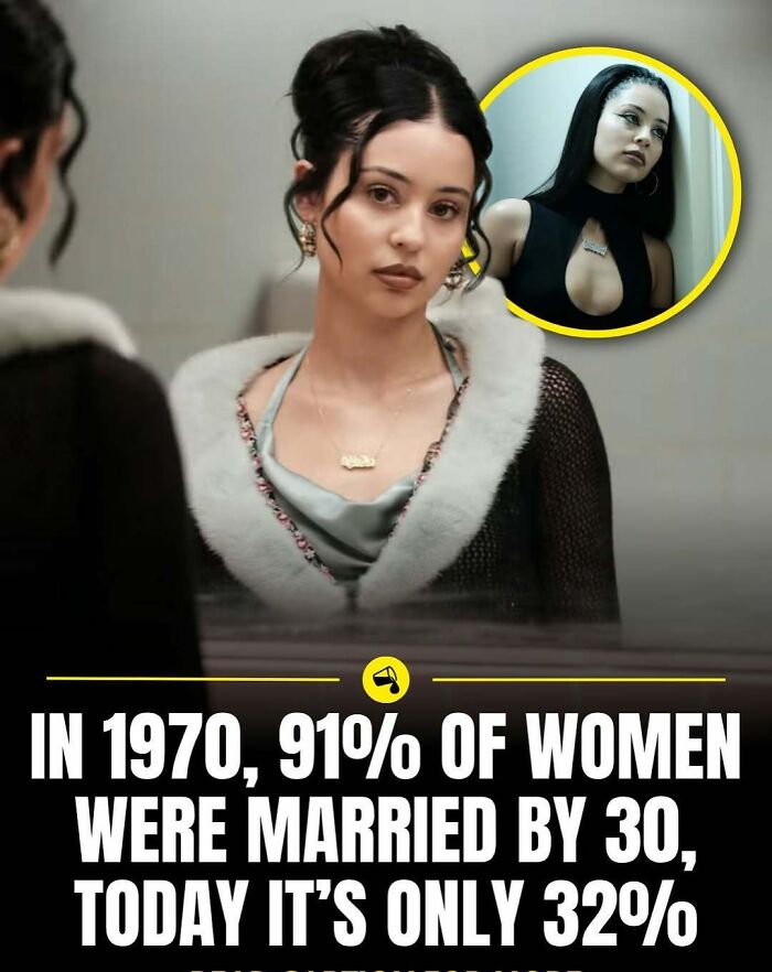 Young woman looking in mirror with text about marriage rates, photo highlighting facts from Spill Now.
