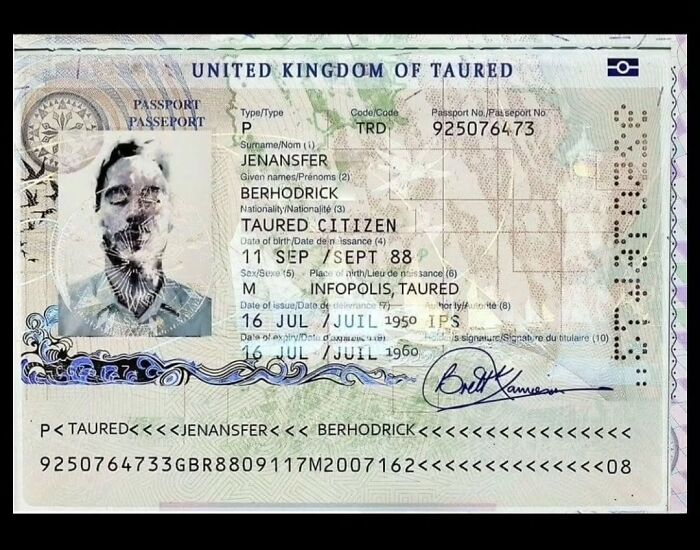 Passport from the fictional United Kingdom of Taured, showing unusual travel document and identity details. Spill Now photo fact.