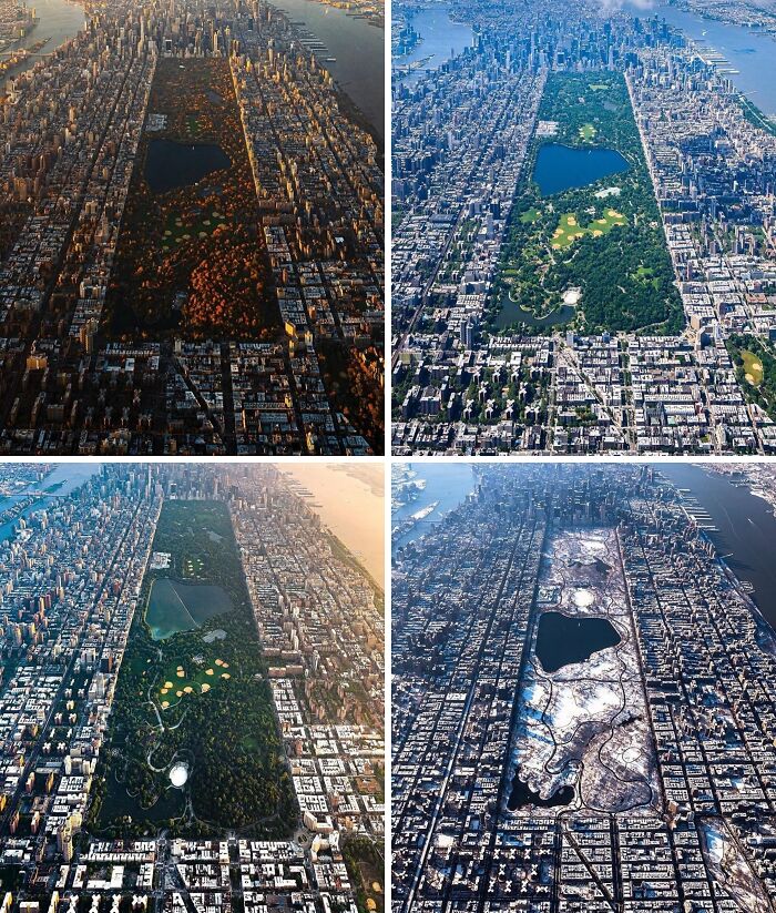 Aerial views of Central Park in different seasons showcasing changes in nature and urban landscape in New York City.