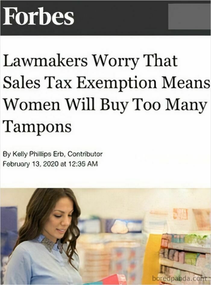 Forbes article headline about lawmakers worrying that women will buy too many tampons after sales tax exemption, with woman shopping in store.