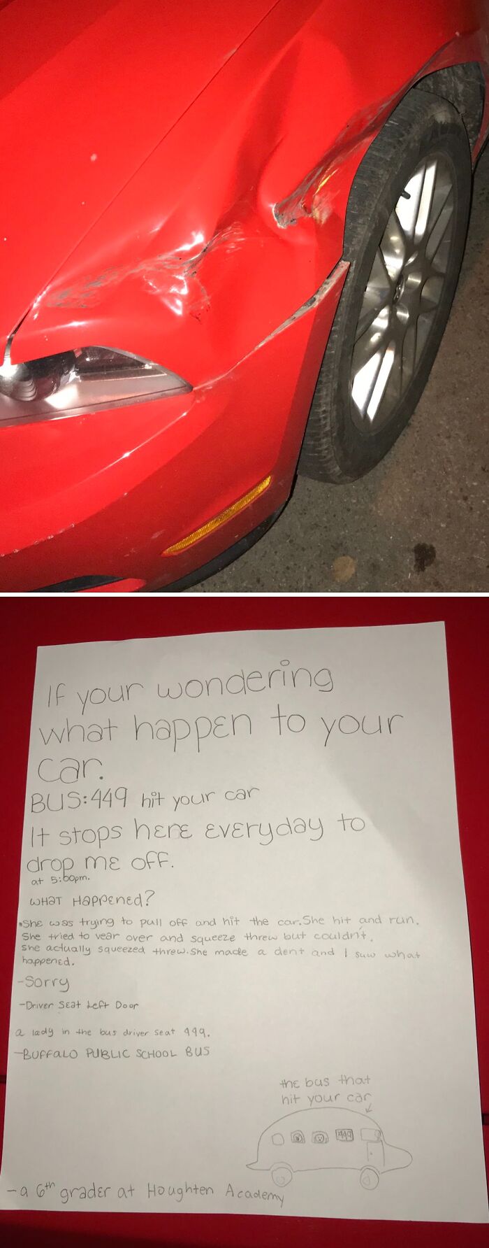 Red car with dent from bus impact and handwritten note explaining the spill now incident by a 6th grader.