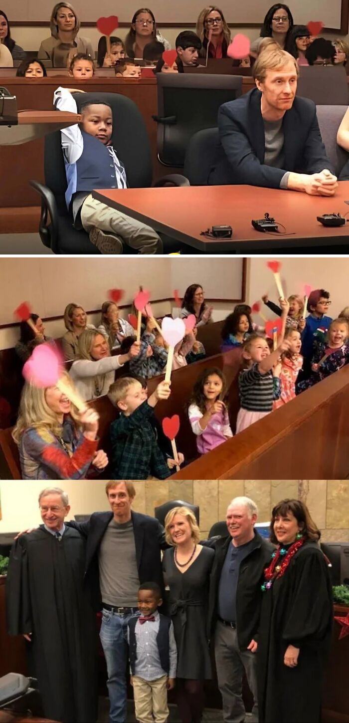 Courtroom scenes featuring a child, audience with heart signs, and group photo, highlighting moments from Spill Now facts and photos.